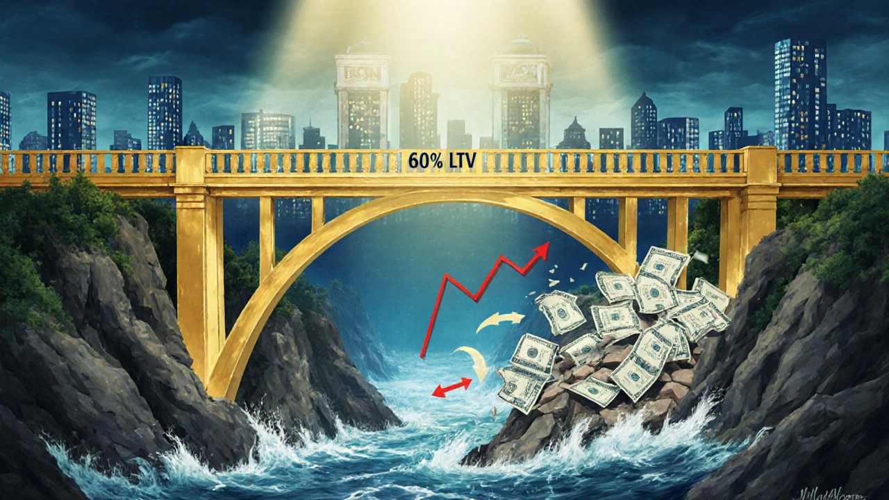 Goldene Brücke für sichere Finanzierung über einem Abgrund hoher Kreditrisiken.