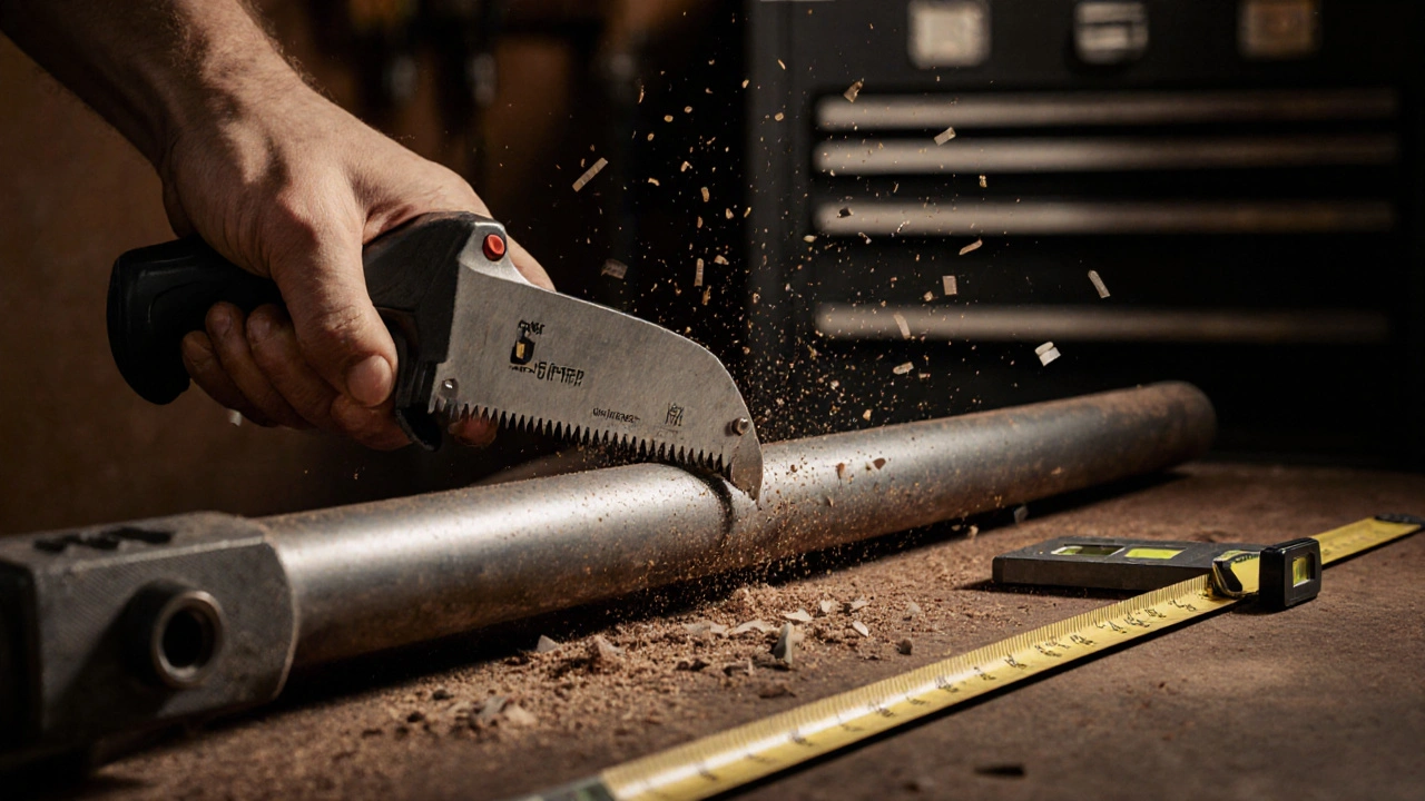 Hand mit Metallsäge schneidet ein Metallrohr, Werkzeugset und Bandmaß liegen neben Metallspänen auf einer Werkbank.