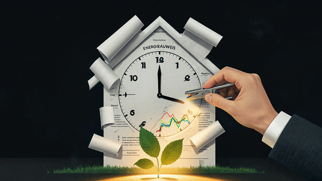 Haus als ticking clock aus Energieausweis-Papieren, mit steigenden Kosten und wachsendem Blatt als Symbol für Nachhaltigkeit.