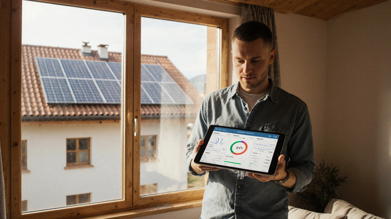 Homeowner viewing solar energy data on a tablet with solar array visible through the window.