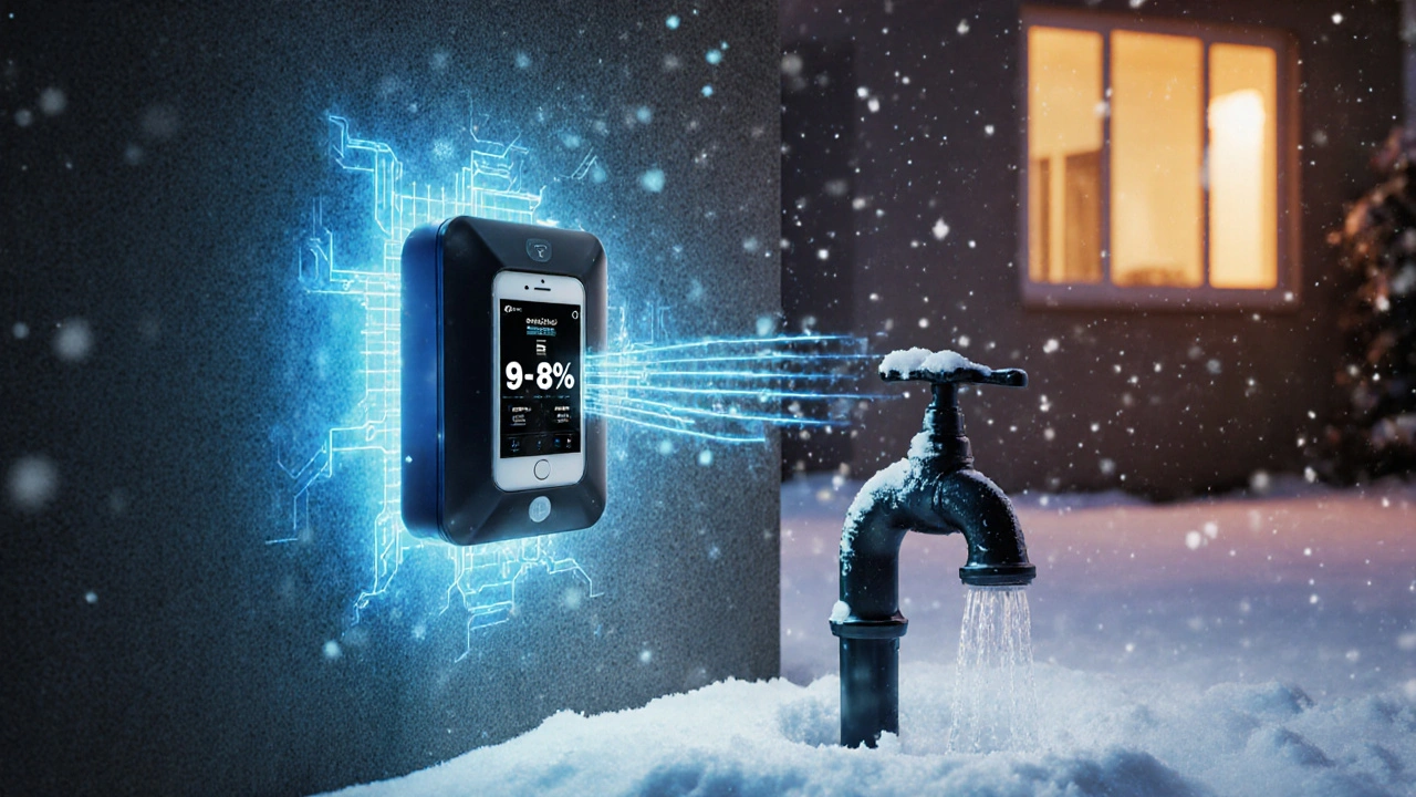 Intelligenter Frostschutzsensor bläst Wasser aus einer Leitung, während Schnee fällt.