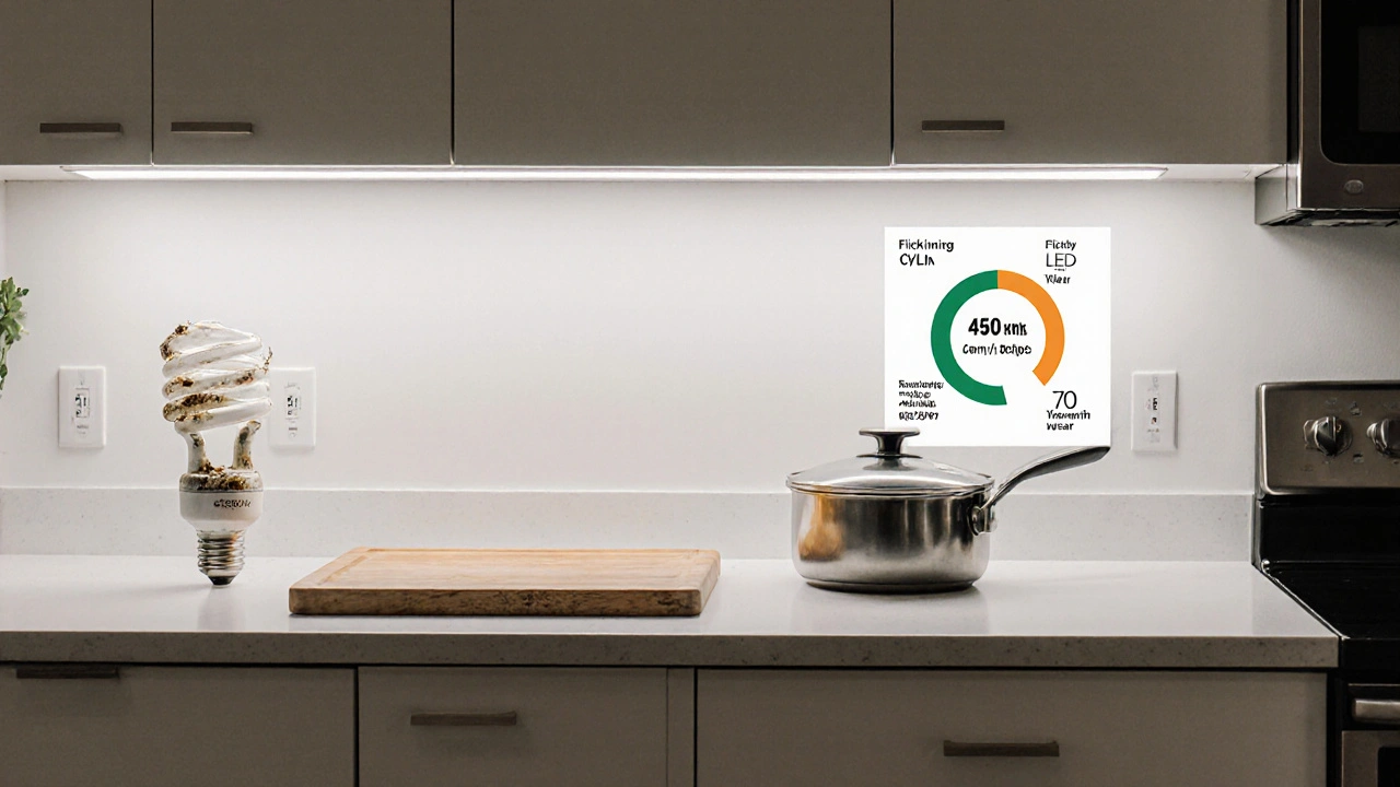 Küche mit neutralweißen LED-Strips und Vergleich von Energieverbrauch zwischen CFL und LED.