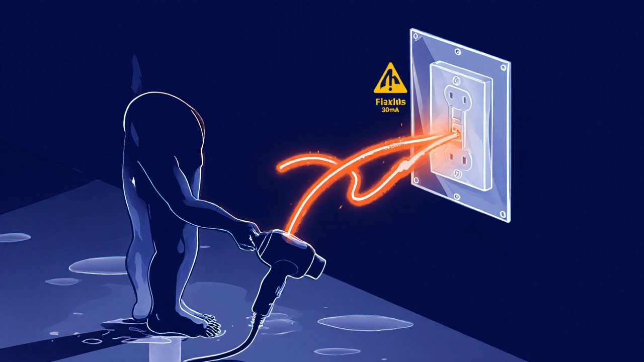 Mensch berührt defektes Gerät im nassen Bad, Fehlerstrom wird vom FI-Schutzschalter unterbrochen.