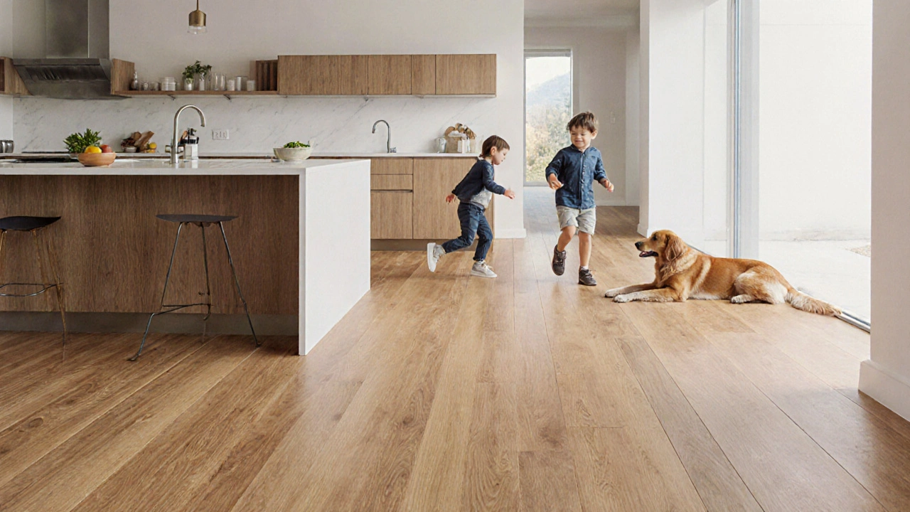 Moderne Küche mit 2-Komponenten-Lackboden, auf dem eine Familie barfuß geht.