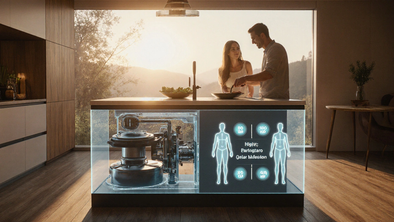 Motorisierte Küchenarbeitsplatte verändert ihre Höhe, während ein Paar gemeinsam kocht.