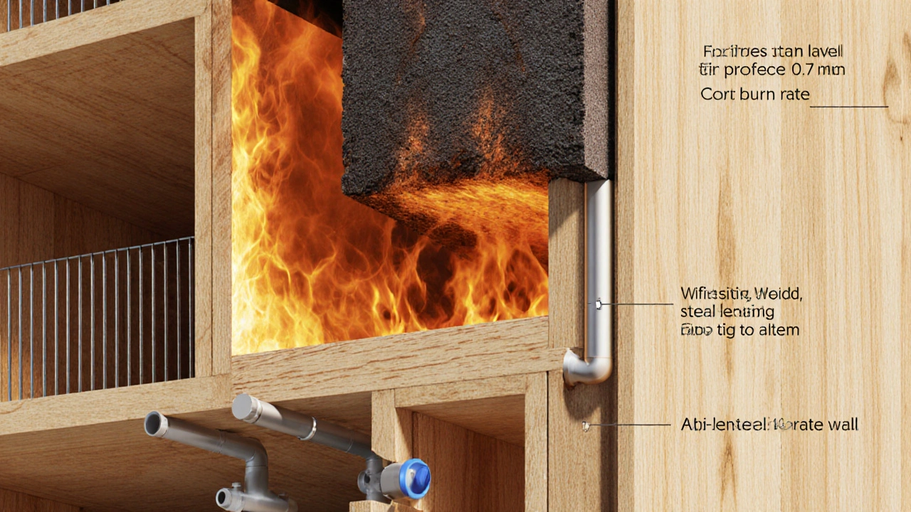 Querschnitt einer feuerbeständigen Holzwand mit charrierter Oberfläche und Brandschutzsystemen für Durchführungen.