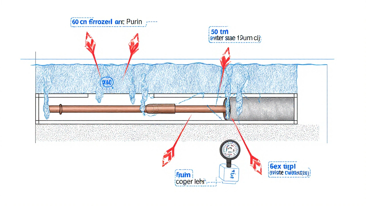 Querschnitt einer tief verlegten Wasserleitung mit Isolierung und Vergleich von PEX- und Kupferrohren.