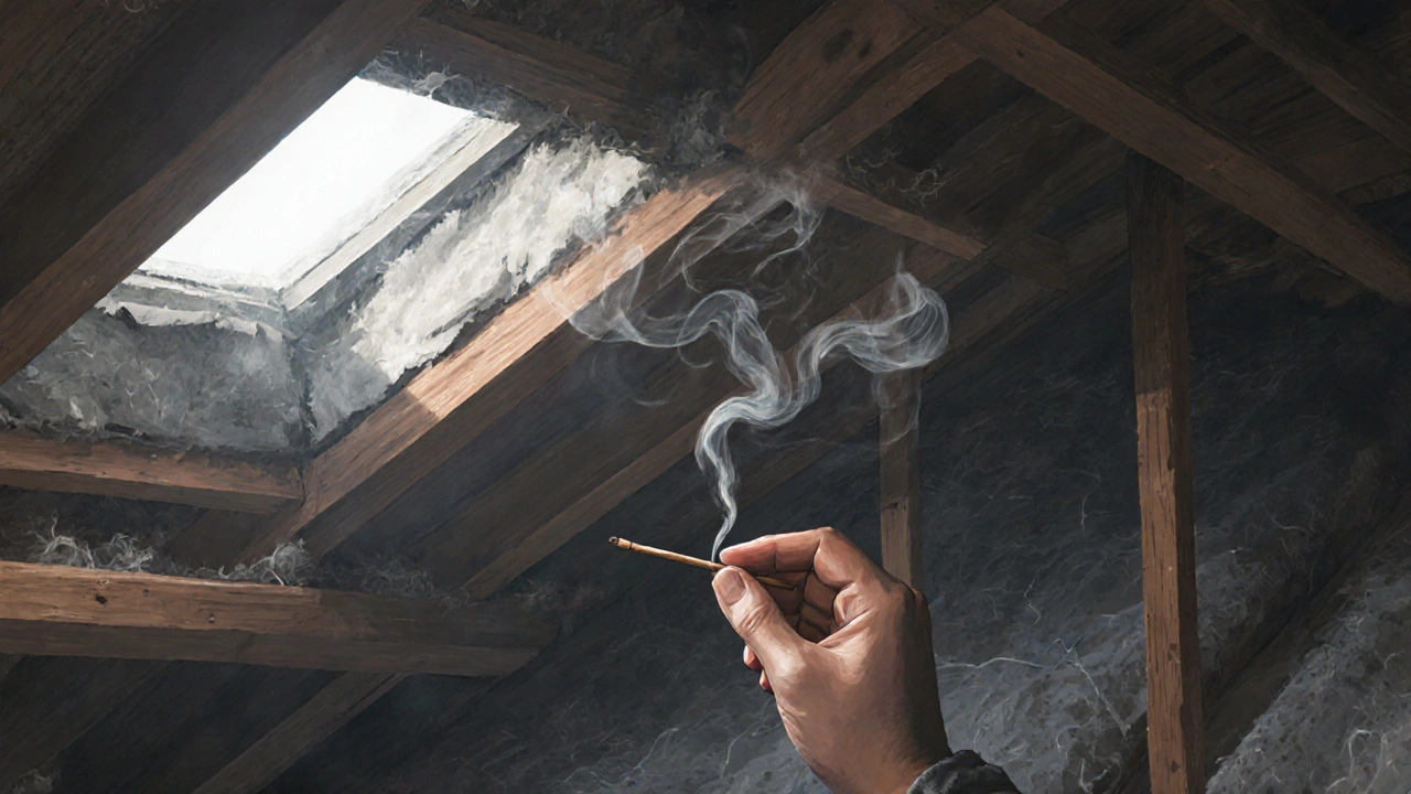 Rauchtest an einer Gaube, der Luftstrom durch eine Undichtigkeit zeigt.