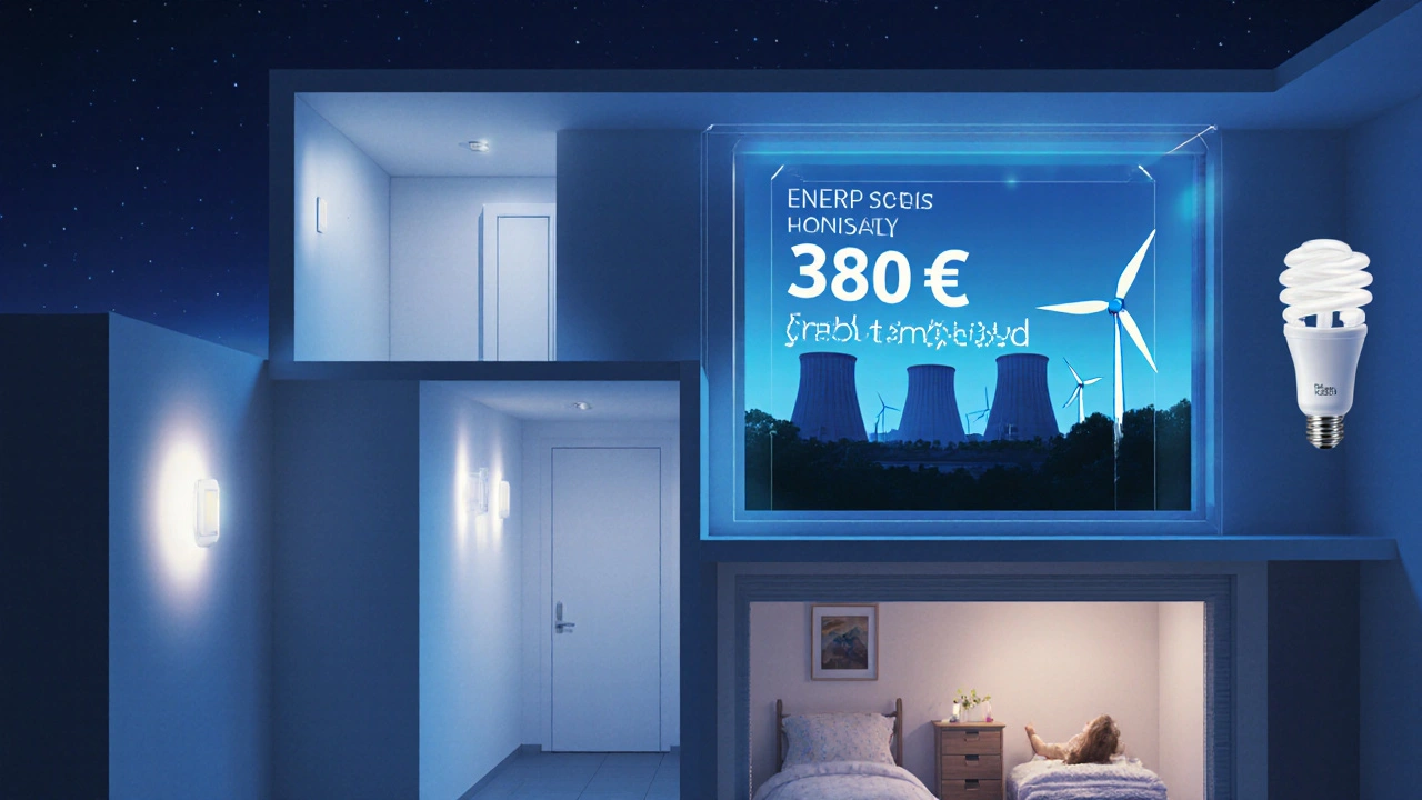 Smart Home mit automatisch aktiven LED-Lampen und Energieeinsparung in einem nachts beleuchteten Haus.