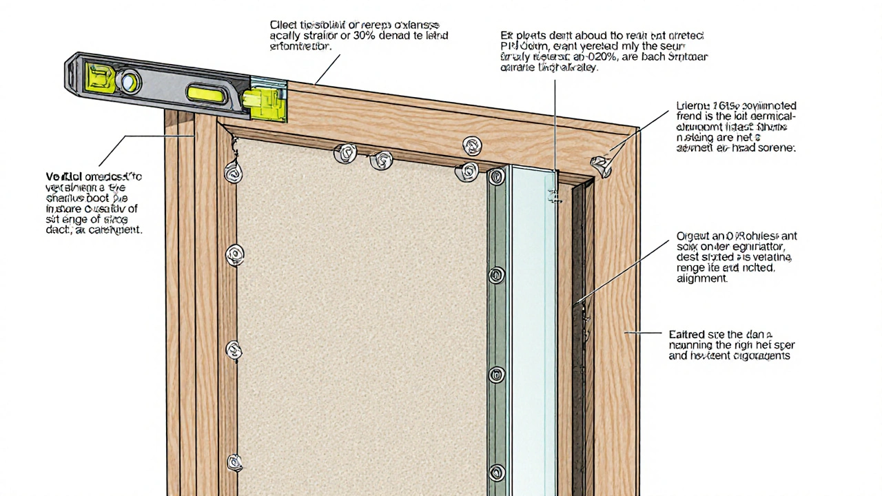 Technical diagram of a correctly installed door jamb with eight screw points and evenly applied foam insulation.
