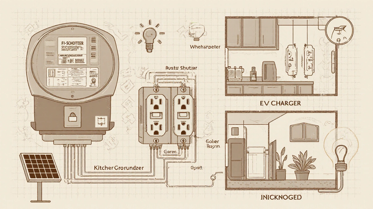 Technische Skizze eines Hauses mit FI-Schutzschalter Typ B, der Küche, Bad und Außensteckdosen schützt.
