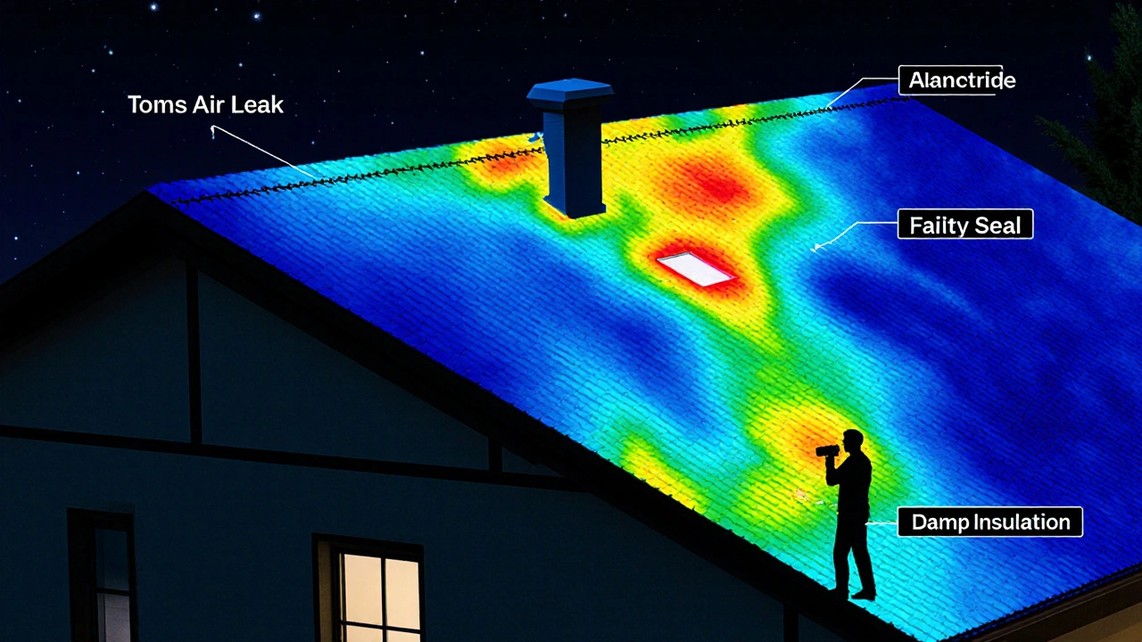 Thermografisches Bild eines Daches mit Wärmeverluststellen an Gaube und Fenster.
