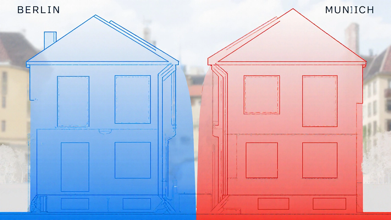 Vergleich der Abstandsflächen zwischen Berlin und München für identische Häuser mit unterschiedlichen Mindestabständen.