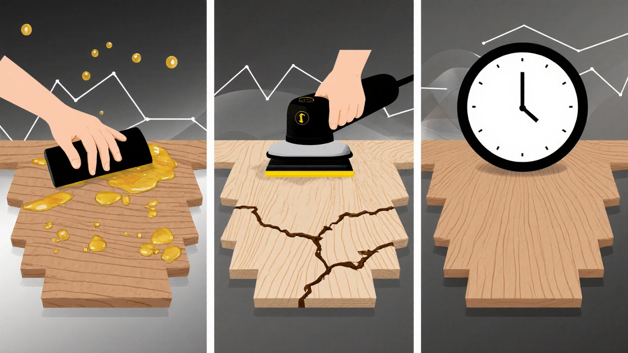 Vergleich der drei Holzboden-Behandlungsarten: Öl, Lack und 2K-Lack mit symbolischen Elementen.