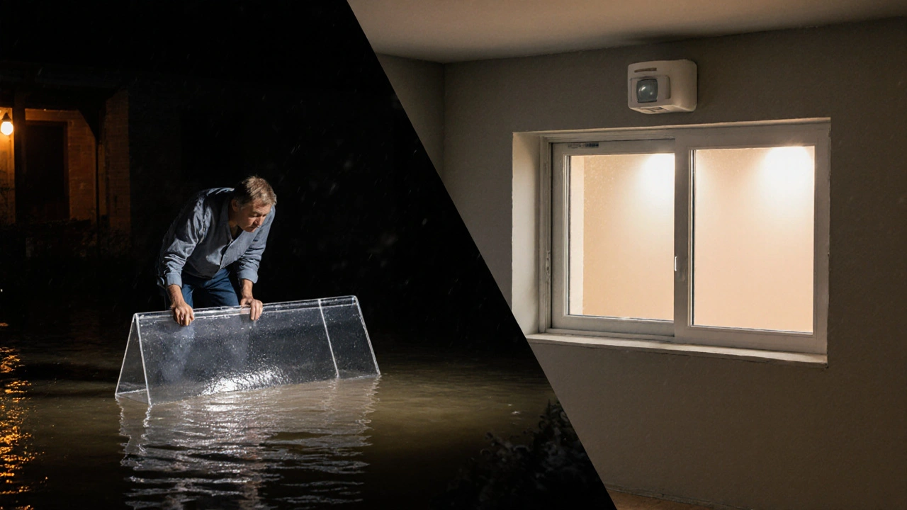 Vergleich: manuelles Acrylschott im Dunkeln vs. automatisch geschütztes, trockenes Kellerfenster.