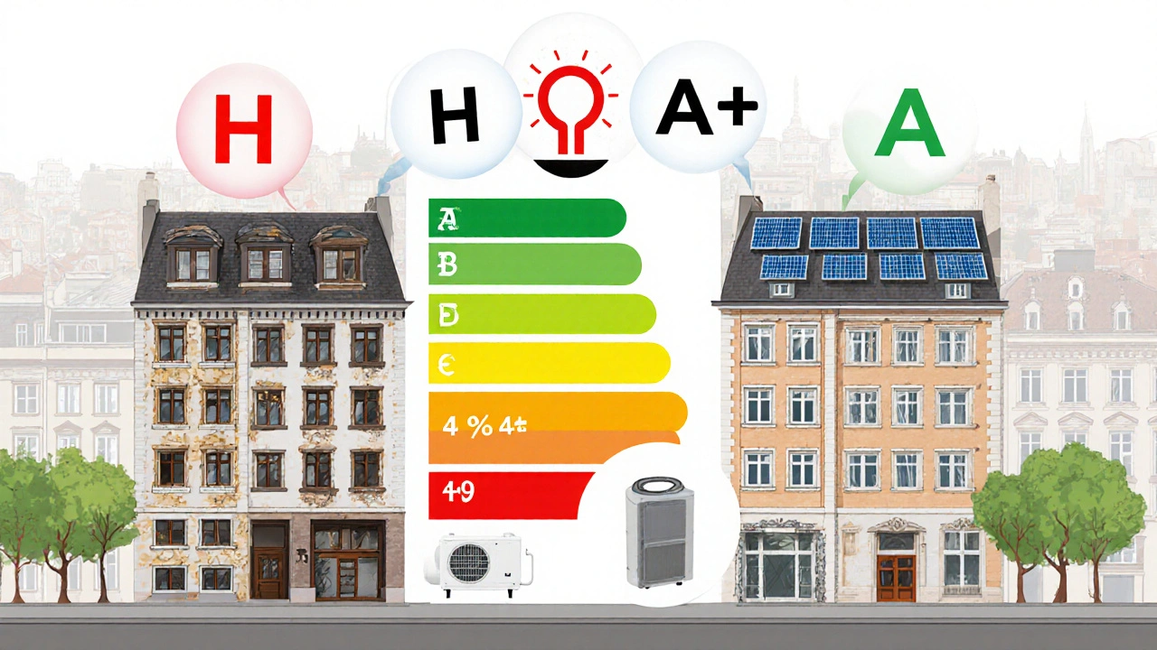 Vergleich zweier Zustände eines Wohnhauses: sanierter Zustand mit Dämmung und Wärmepumpe gegenüber altem Zustand mit undichten Fenstern.