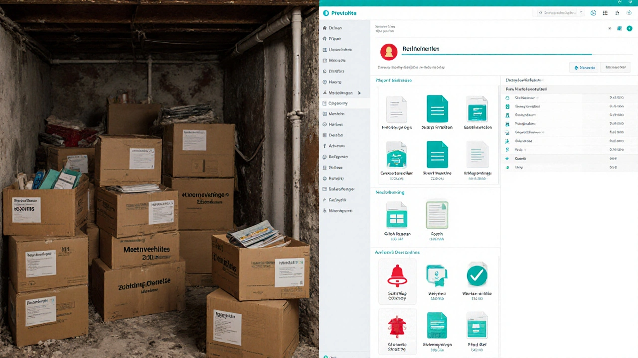 Vergleich zwischen einem vollen Keller mit Papierordnern und einer digitalen Dokumentenverwaltung.