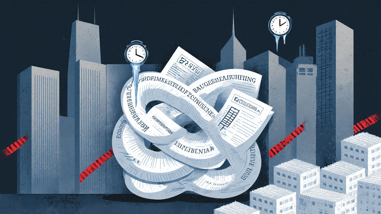 Verwirrtes Papierknoten-Barrieren verhindern den Bau von Wohnungen in der Stadt.