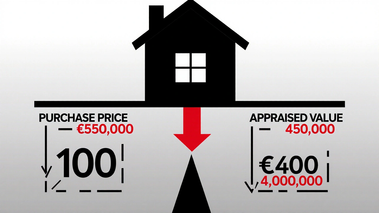 Visuelle Darstellung der Berechnung von Kaufpreis, Beleihungswert und Kreditbetrag.