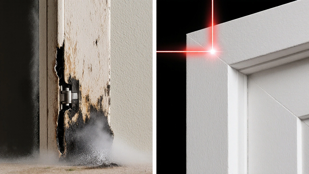 Warped door frame with mold and condensation versus a newly installed, perfectly aligned jamb.