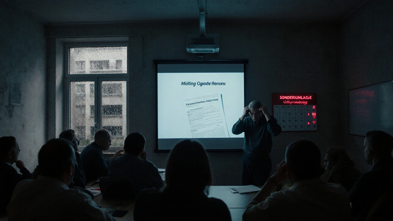 Wohnungseigentümer in einer Versammlung entdecken eine unerwartete Sonderumlage von über 1.400 €.