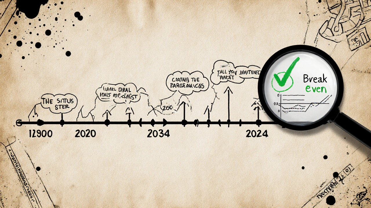 Zeitachse mit Break-even-Punkt, Kosten und Preisentwicklung als grafische Elemente