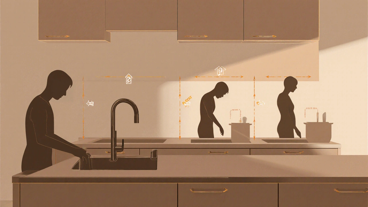 Zwei Personen nutzen eine Küche mit unterschiedlich hohen Zonen für Spüle, Backofen und Arbeitsplatte.