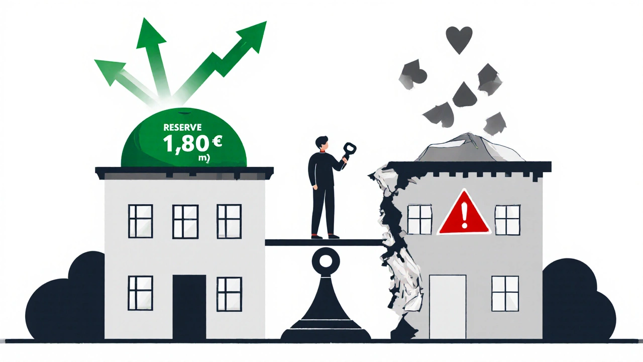 Zwei Seiten eines Gebäudes: eine gut finanzierte, eine mit unzureichender Rücklage und sichtbaren Schäden.