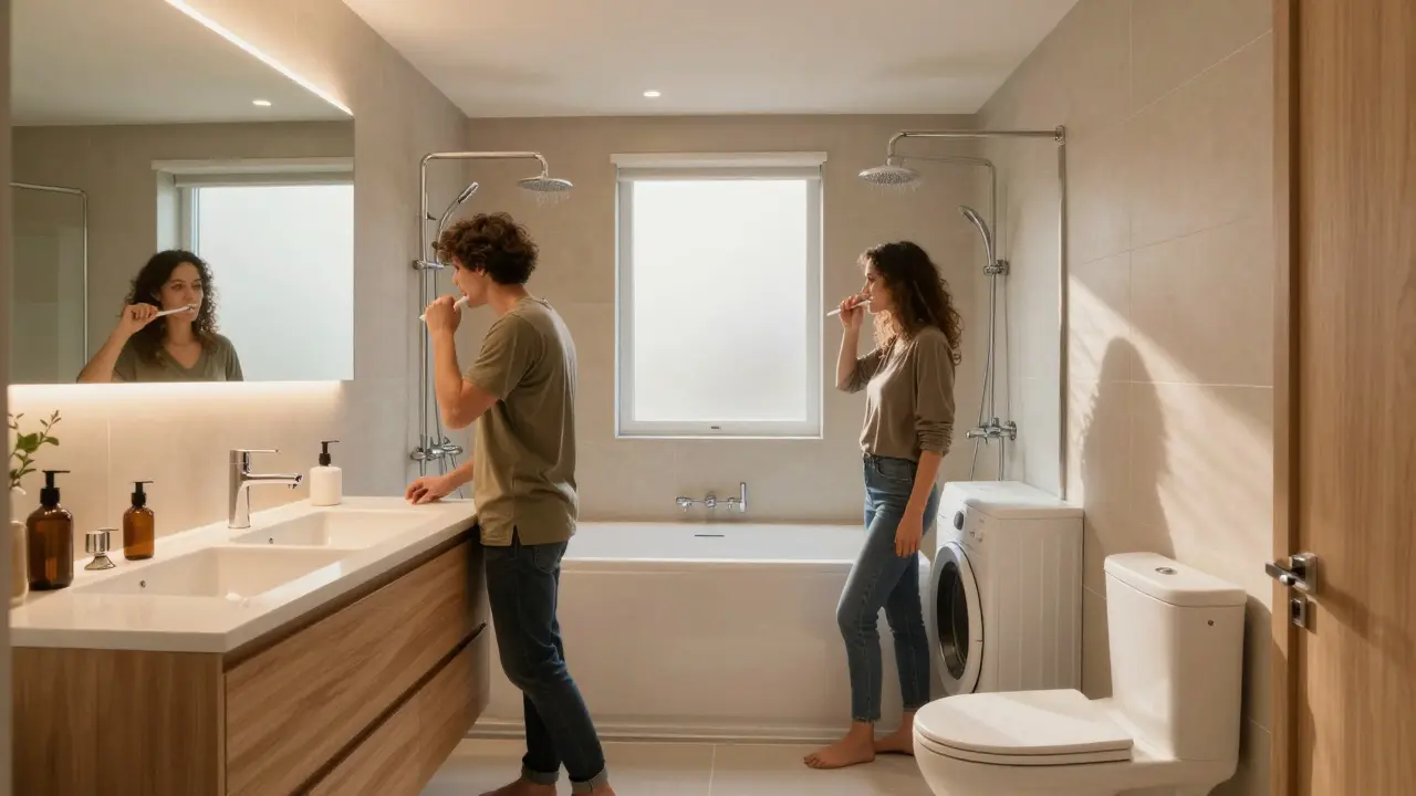 3x3 m Bad mit Eckdusche, Waschbecken und WC in Dreiecksanordnung, zwei Personen nutzen es gleichzeitig, kleine Wanne unter der Dusche.