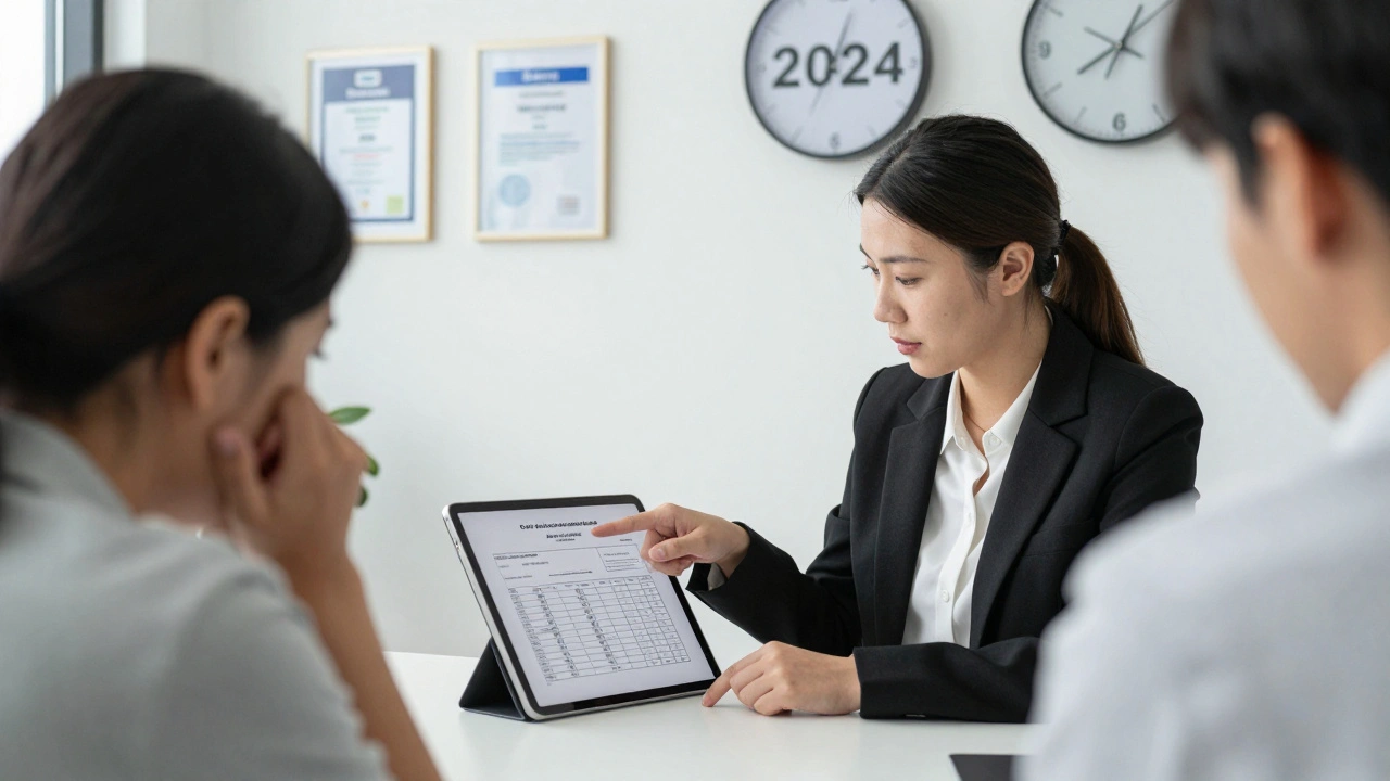 Anwältin erklärt Bauvertrag mit Materialliste auf Tablet, Kunde nimmt beruhigt zur Kenntnis.