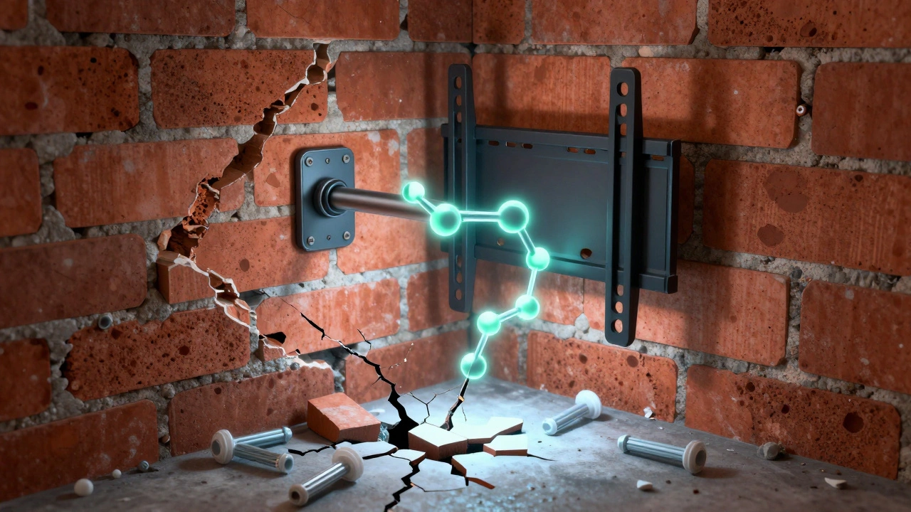 Chemische Verankerung hält schweren Bildschirm in porösem Mauerwerk, beschädigte Dübel liegen darunter