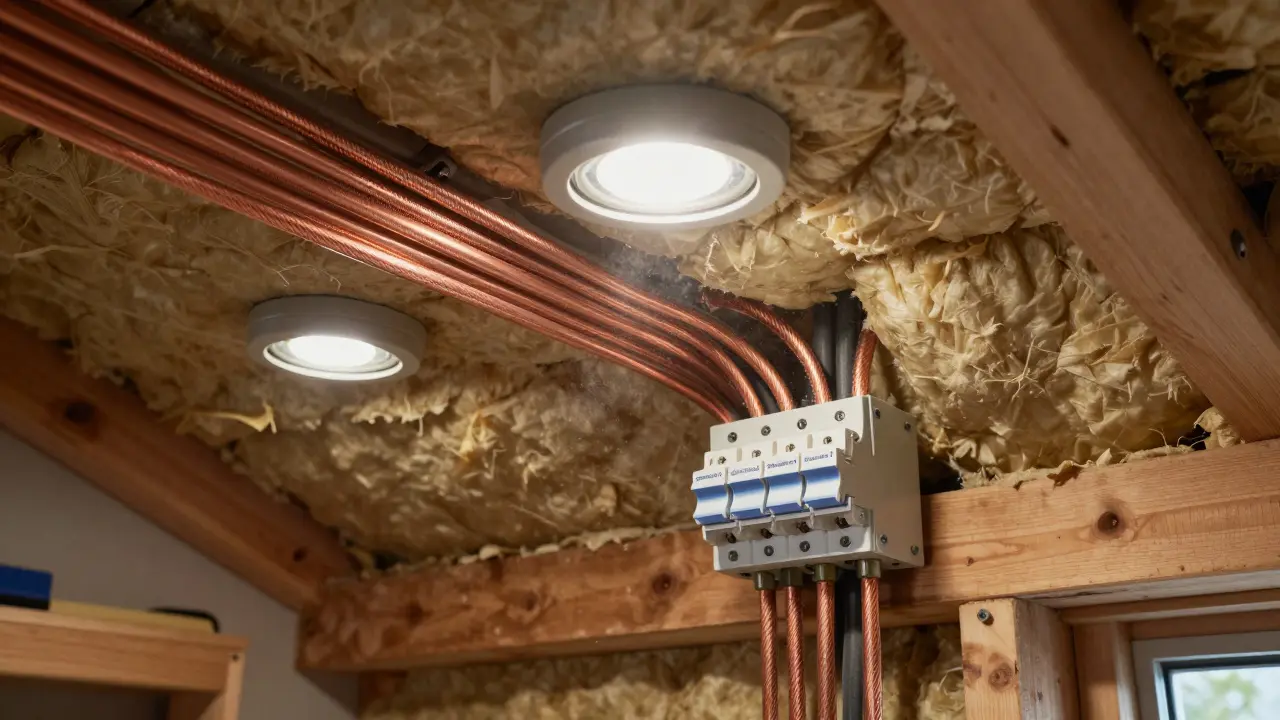 Dachboden mit sichtbaren Kabelkanälen, Verteilerkasten und staubgeschützten Leuchten unter Dachbalken.