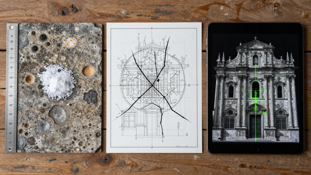 Drei Dokumentationsmethoden: Makrofoto mit Maßstab, handschriftliche Kartierung und 3D-Laserscan auf einem Tisch.