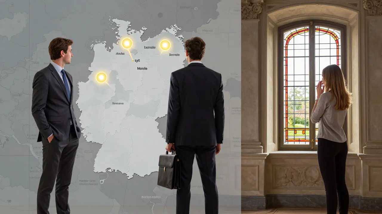 Drei Käufertypen vor einer Karte Deutschlands mit leuchtenden Luxusstandorten in München, Baden-Baden und Sylt.