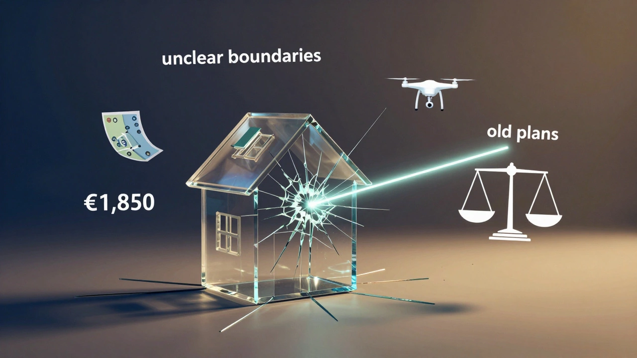 Ein Grundstück als zerbrechliche Glasstruktur, die durch einen Laserstrahl repariert wird, umgeben von Kosten- und Techniksymbolen.