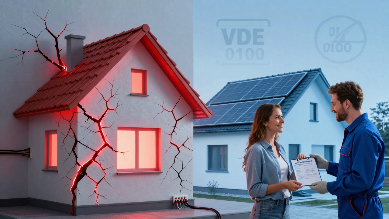 Ein Haus mit gefährlichen Stromrisiken gegenüber einem sicheren, modernen Haus mit Solaranlage und Prüfbericht.