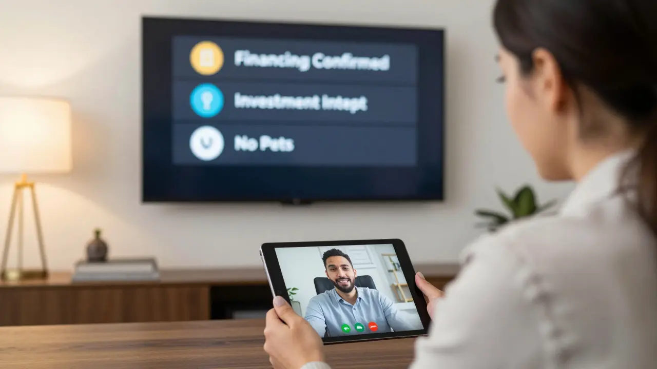 Ein Immobilienmakler führt einen Videoanruf mit einem Interessenten, während Filterkriterien auf einem Bildschirm sichtbar sind.