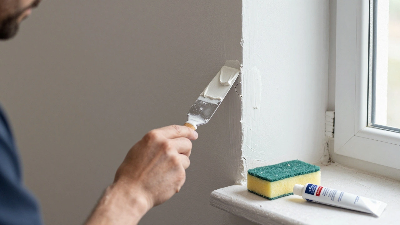 Eine kleine Wandrepatur mit Schnellspachtel wird mit einem Spachtel glatt verarbeitet.