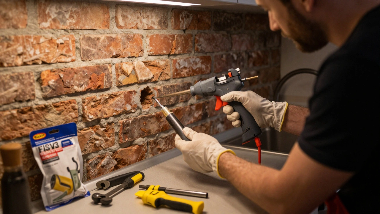 Fachmann füllt chemische Verankerung in ein Bohrloch in altem Ziegelmauerwerk
