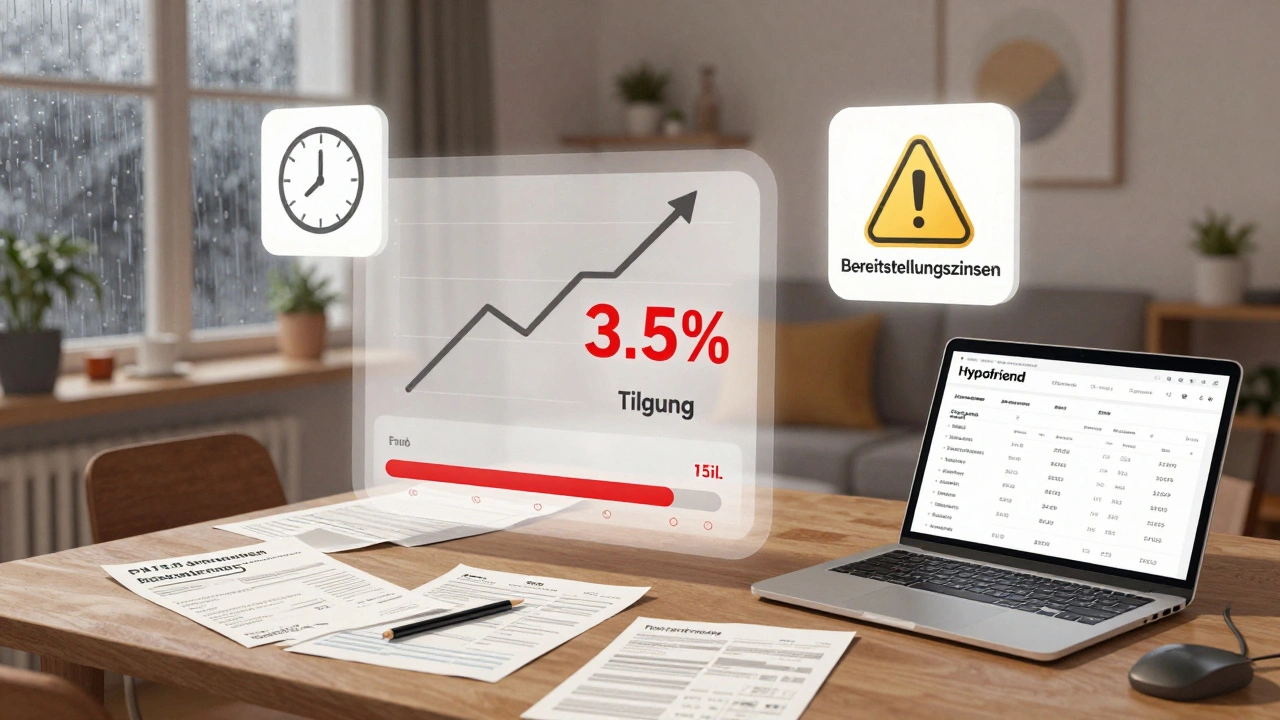 Finanz-Dashboard mit Zinsen, Tilgung und Warnhinweisen über einem deutschen Wohnzimmer.