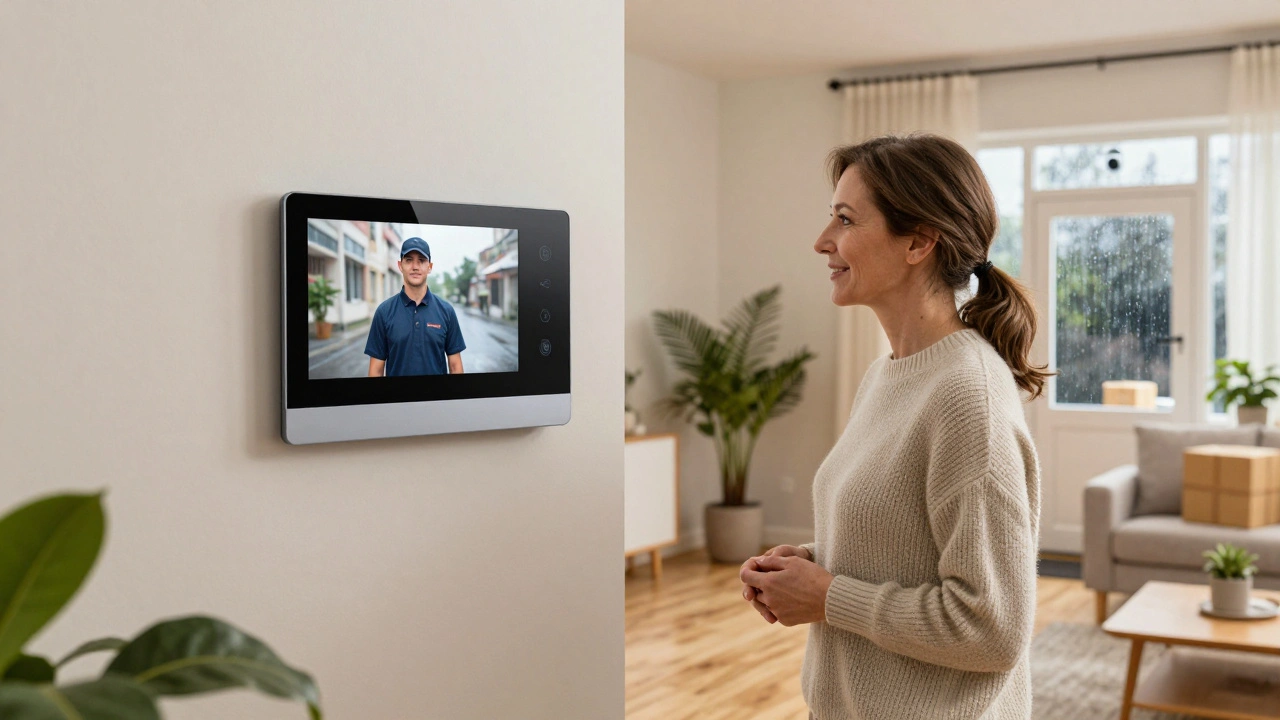 Frau beobachtet einen Lieferanten auf einem Bildschirm der modernen Türsprechanlage im Wohnzimmer.