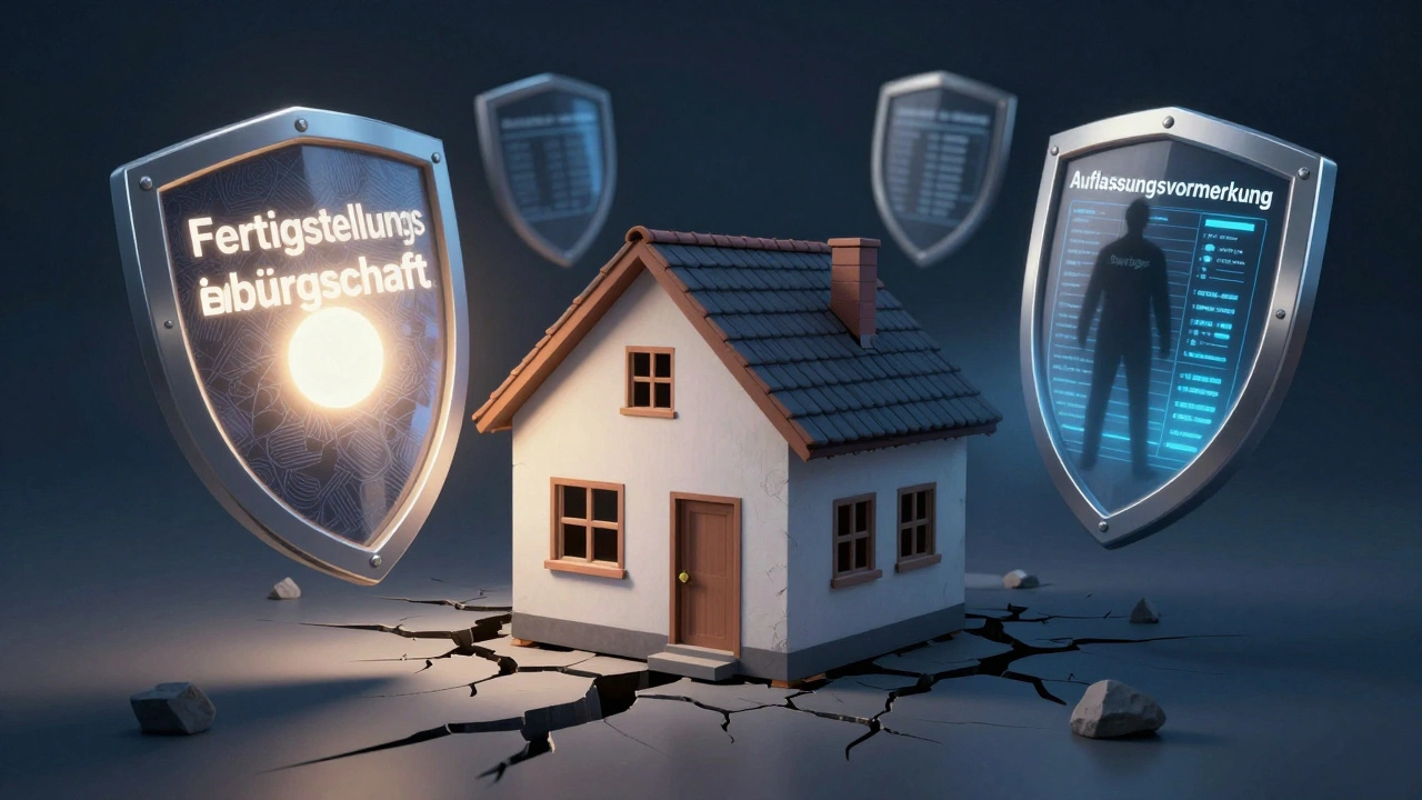 Halbfertiges Haus mit rechtlichen Schutzschildern gegen Insolvenz, symbolisch dargestellt in dramatischem Licht.