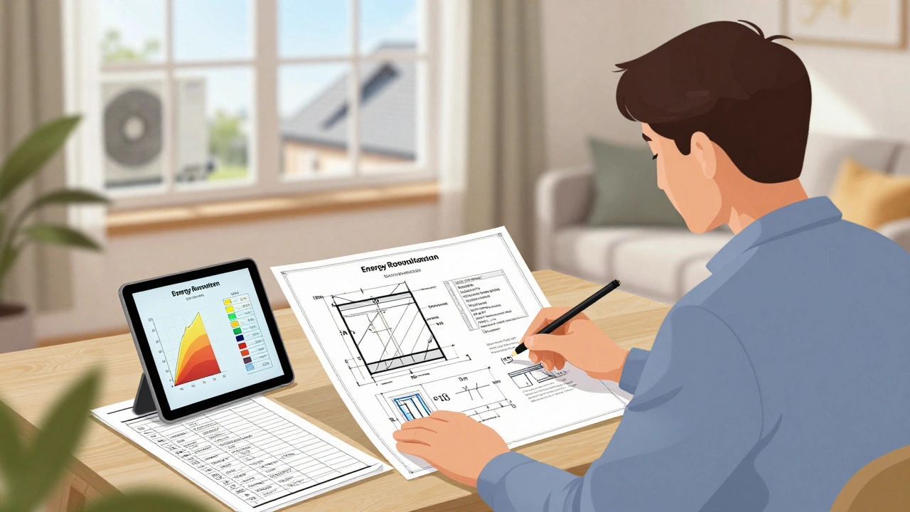 Hausbesitzer und Energieberater besprechen einen Sanierungsfahrplan mit Plänen und U-Wert-Daten auf einem Tablet.