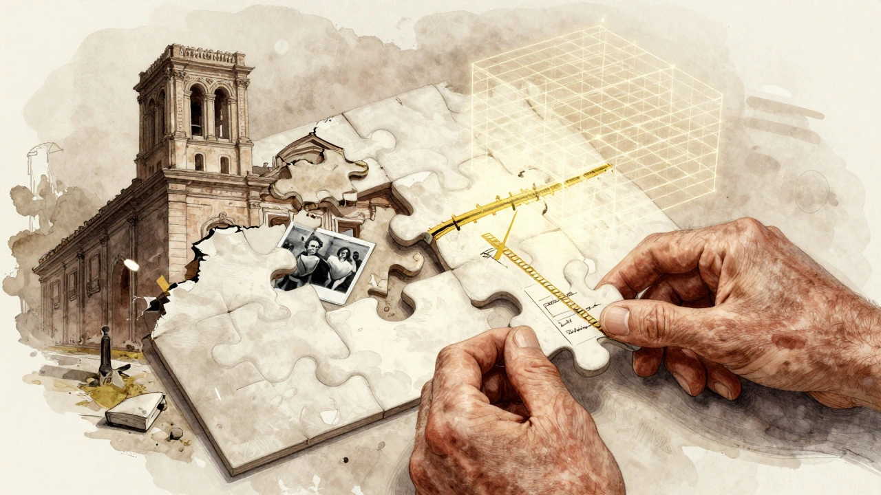 Historisches Gebäude als Puzzle mit fehlenden Stücken, die durch Dokumentation wieder eingefügt werden.