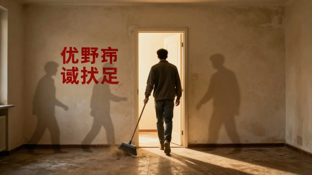 Mieter verlässt Wohnung mit Besen, abgenutzte Wände bleiben, unwirksame Klauseln zerfallen.