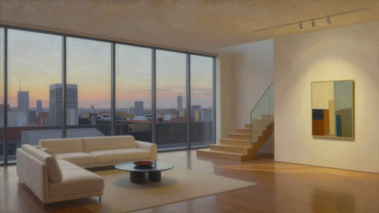 Penthouse in Berlin-Mitte mit Panoramafenstern, minimalistischer Einrichtung und Kunstgalerie bei Dämmerung.