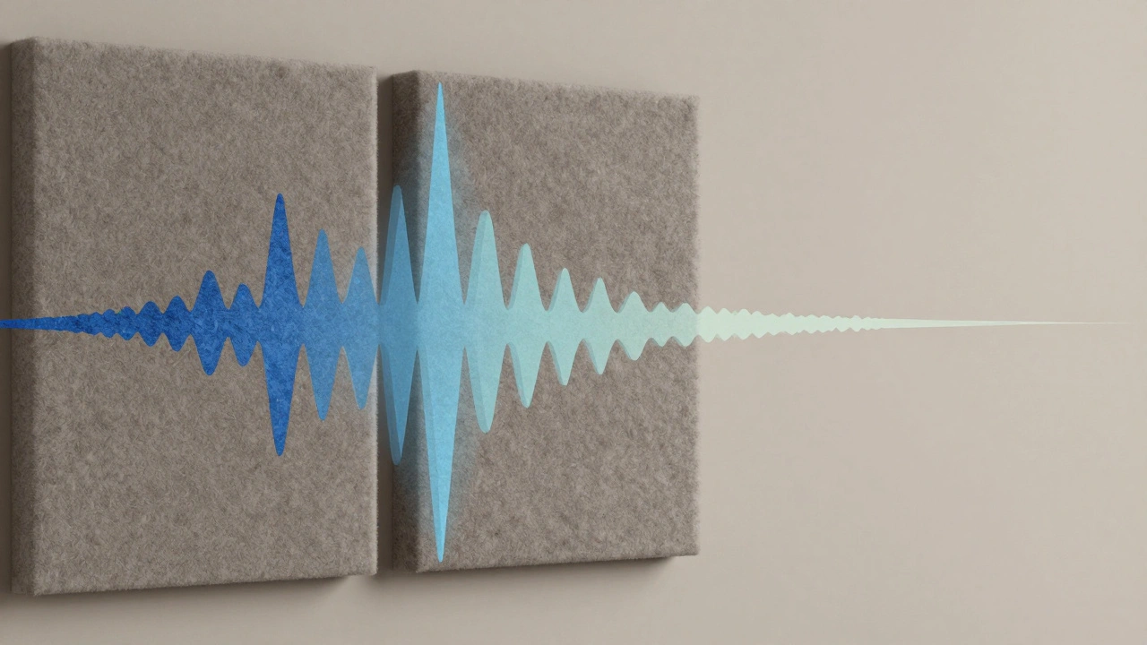 Schallwellen werden von PET-Filz-Paneelen absorbiert, während andere Wände Echo reflektieren, abstrakte Darstellung mit warmen Farben.