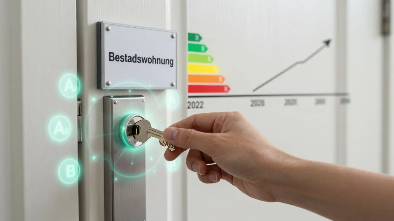 Schlüssel in Tür mit Energieeffizienz-Symbolen, Preistrend im Hintergrund