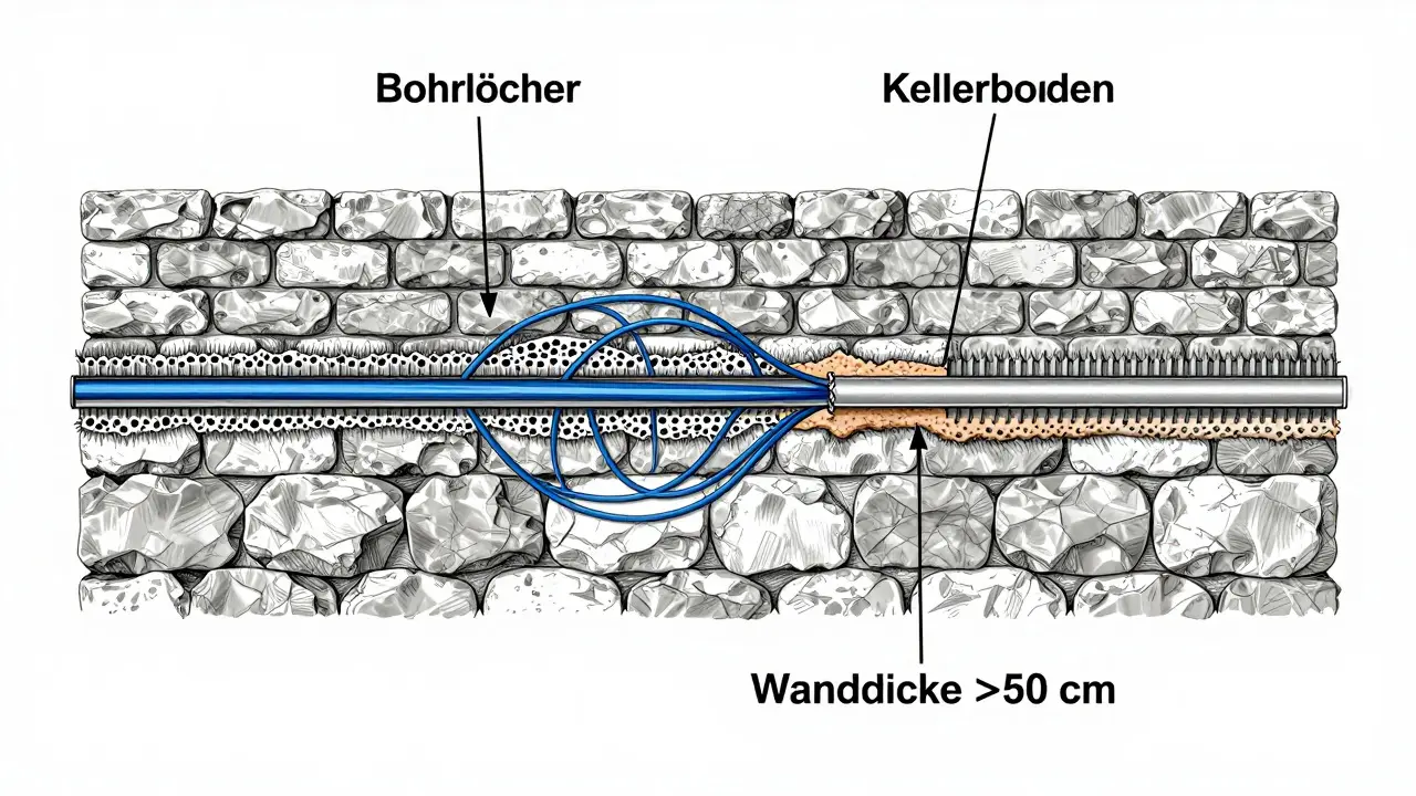 Schnitt durch eine Mauer mit chemischer und mechanischer Horizontalsperre, Wasserfluss durch Poren und Schnittfuge blockiert.