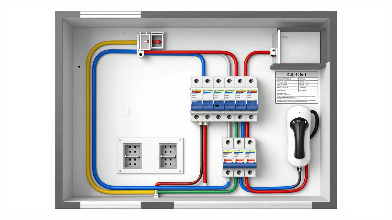 Schnittansicht einer Wohnungsinstallation mit drei Stromkreisen und korrekten Kabelquerschnitten.